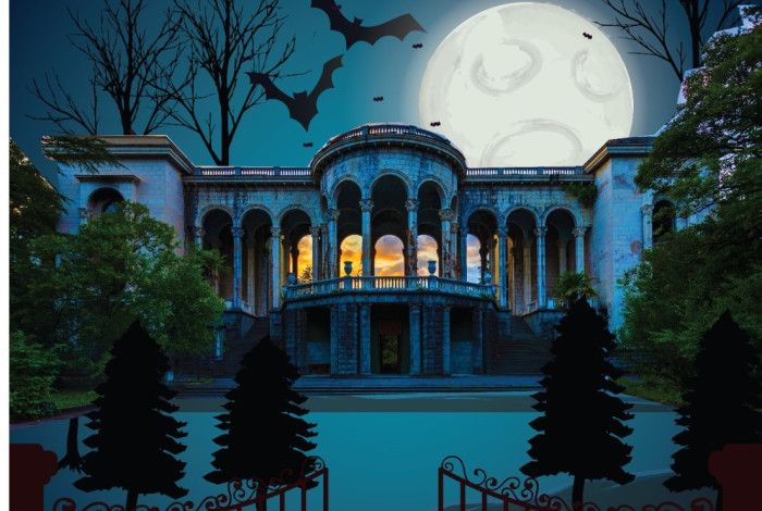 A dark and moody image of a large house surrounded by trees, a full moon, and flying bats