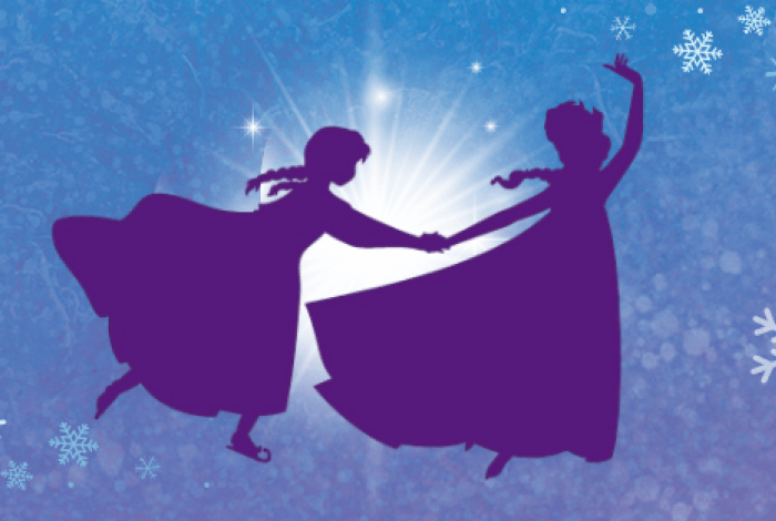 Blue and purple image of snowflakes and silhouettes of two female figures
