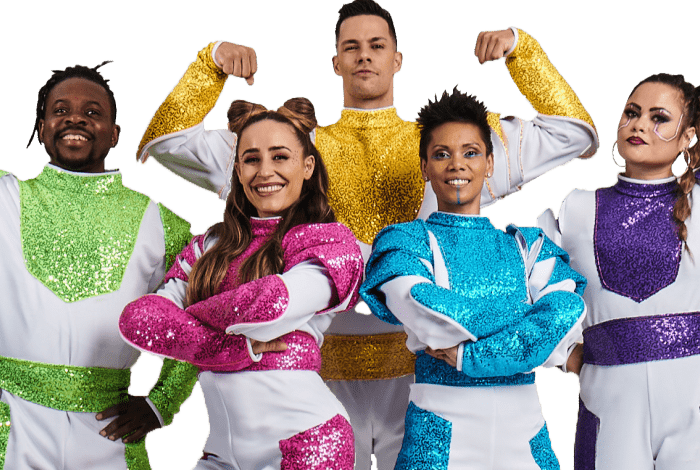 Five brightly-dress characters in sparkly hero suits of green pink, blue, purple and yellow, striking hero poses