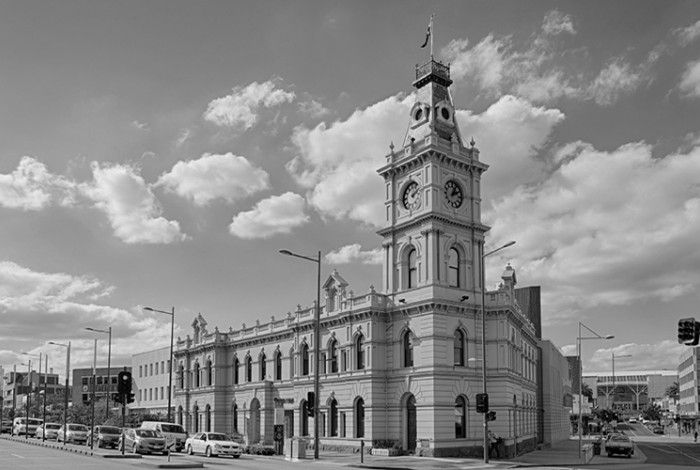 Black and white image of the Dandenong Town Hall
