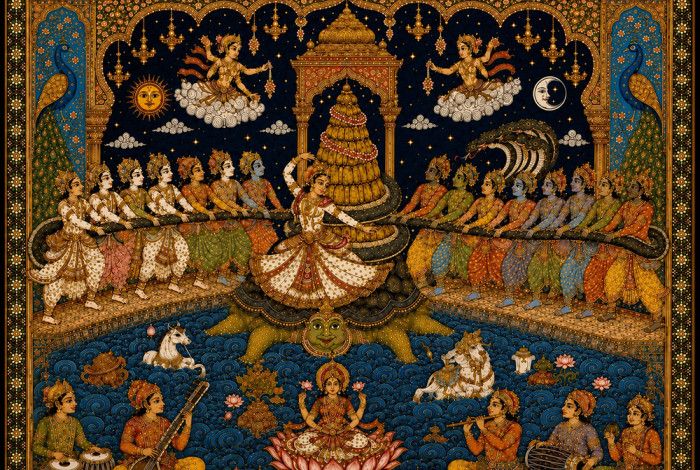 A tapestry of people dancing and playing instruments