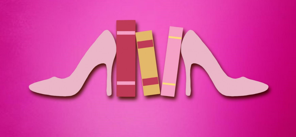 Simple/cartoonish image of pink high heels book-ending a row of books, on a pink background