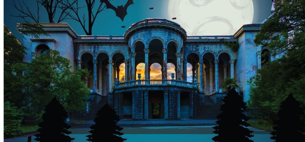 A dark and moody image of a large house surrounded by trees, a full moon, and flying bats