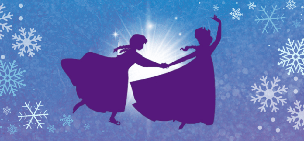 Blue and purple image of snowflakes and silhouettes of two female figures