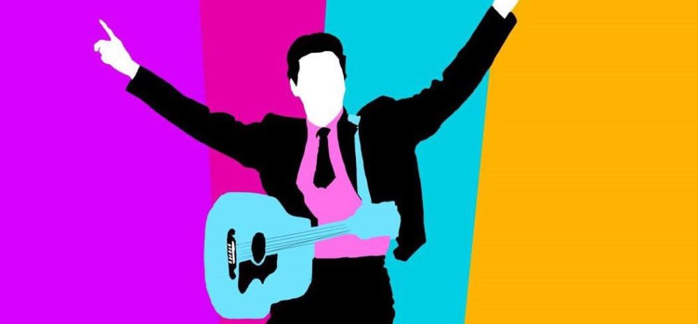 Brightly colourful, simple animation of 50s-Elvis-style man with a guitar, hands raised in the air