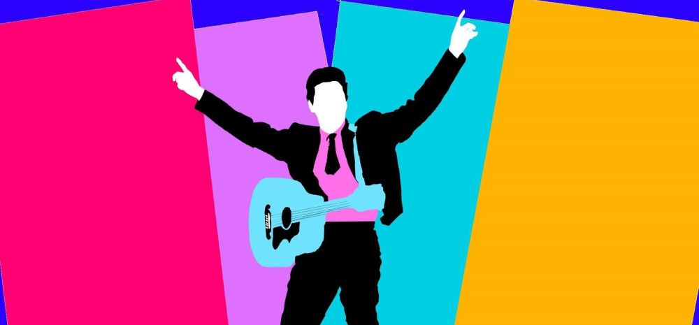 Brightly-coloured, stylised cartoon depiction of a man in a 50s suit, guitar slung around his chest, his arms raised in the air