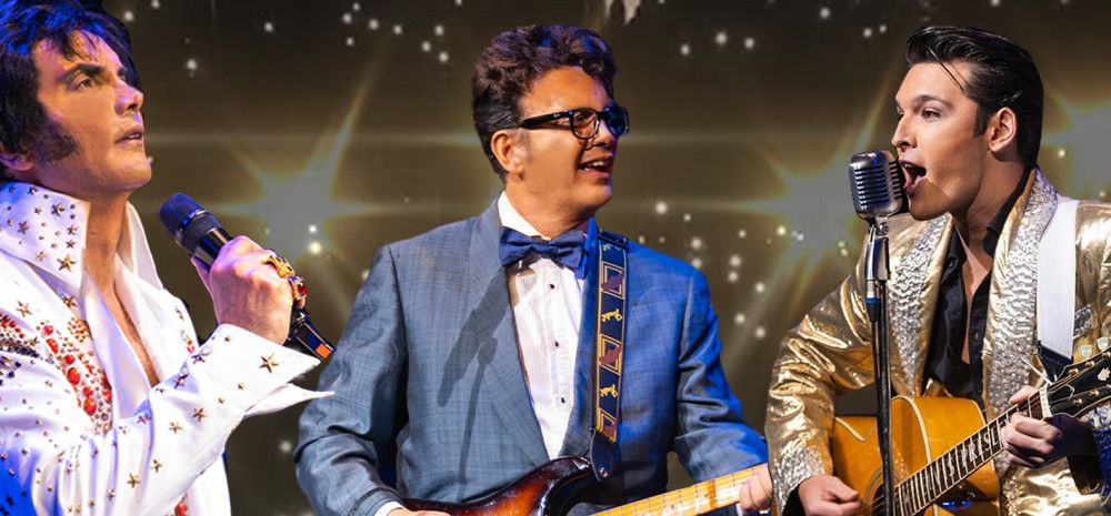 Elvis Presley and Buddy Holly tribute performers, in costume and performing on stage