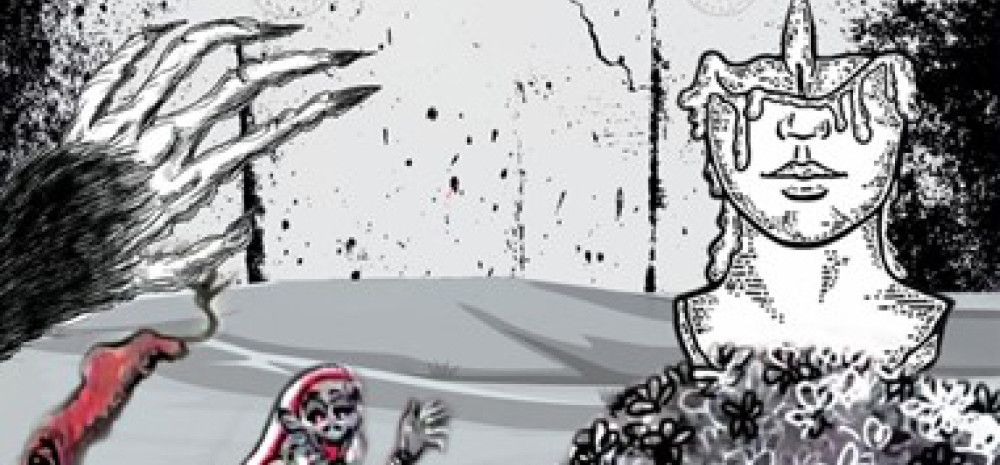A drawing of a hand, skeleton and a face with a candle