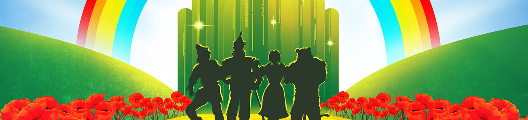 A drawn image of the four characters from the Wizard of Oz